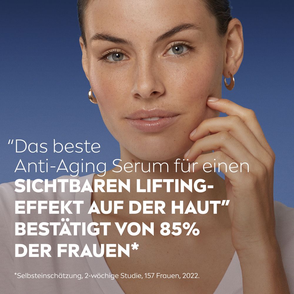 Seite der NIVEA CELLULAR Expert Lift Bakuchiol Serum Flasche mit Produktinformationen und Recycling-Symbol.