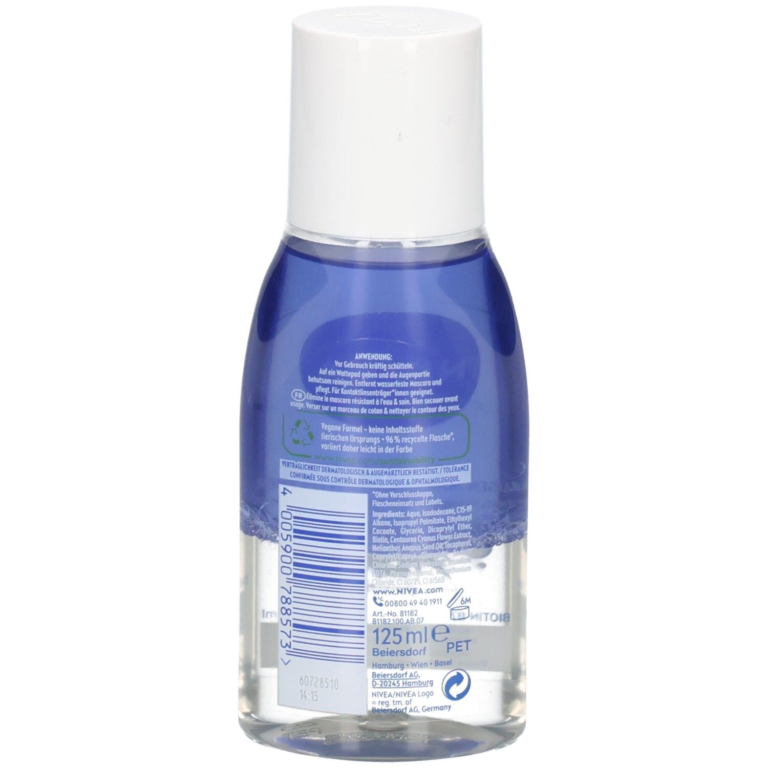 Rückansicht der NIVEA Augen Make-Up Entferner Flasche. Transparente Flasche mit blauem Inhalt und weißem Deckel. Text und Etiketten.