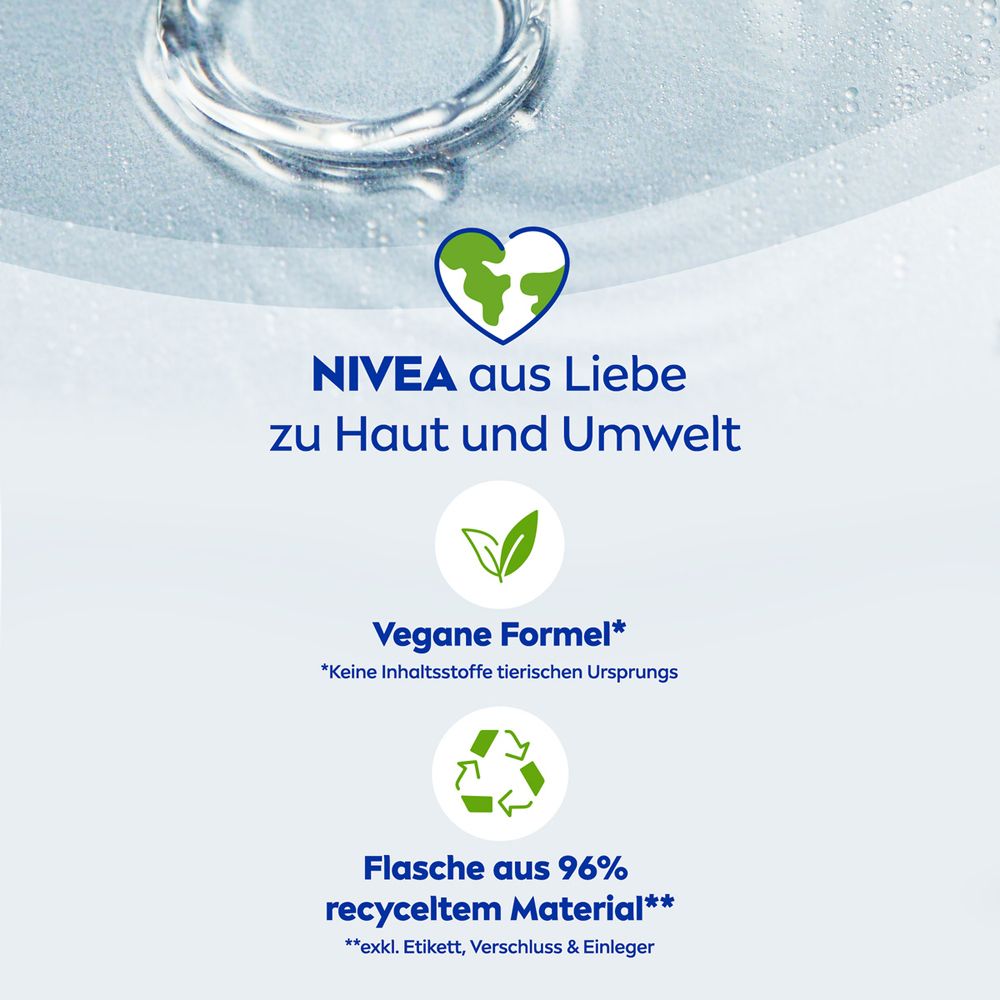 NIVEA Logo mit Herz und Weltkugel. Text: Aus Liebe zu Haut und Umwelt. Vegane Formel. Flasche aus 96% recyceltem Material.