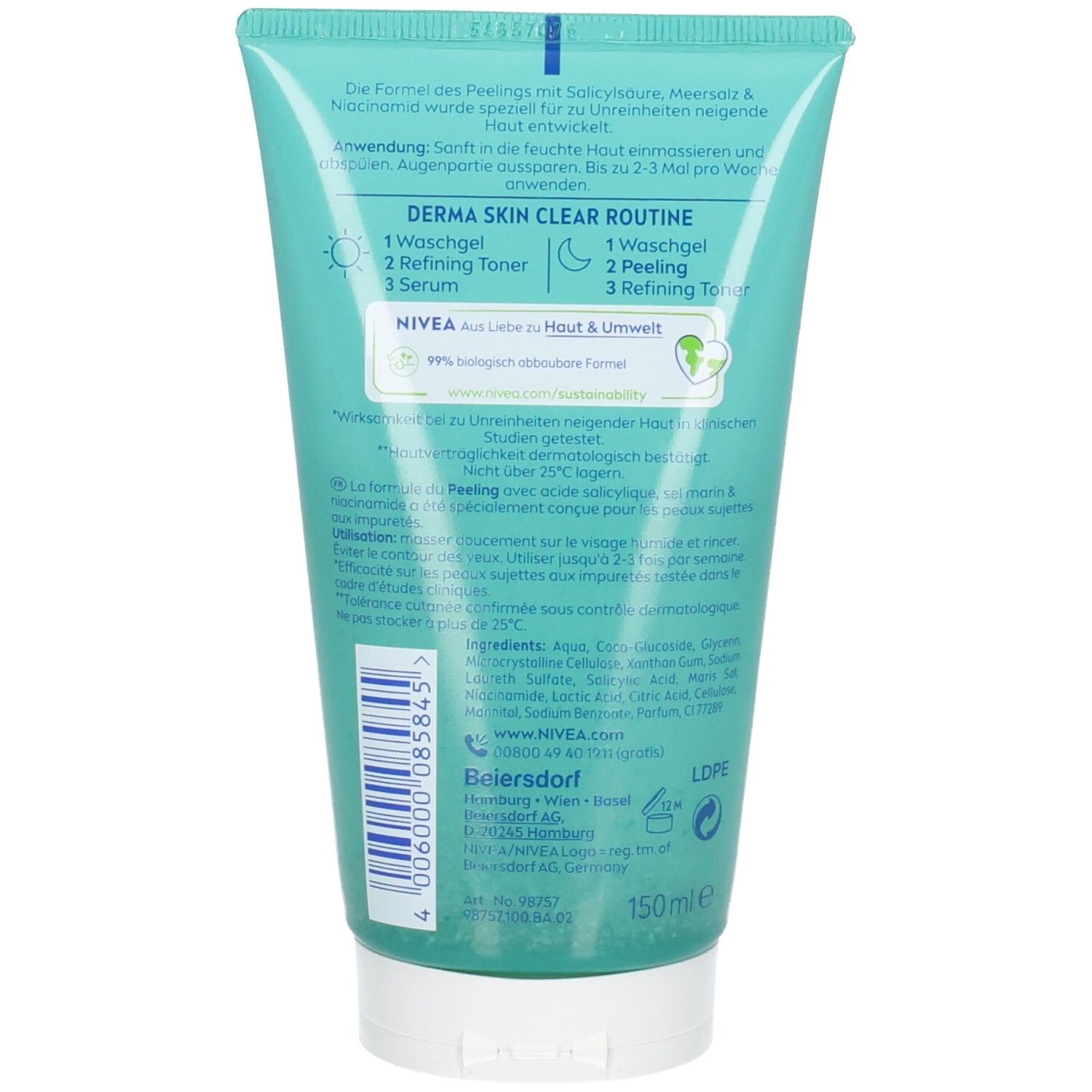 Rückseite der türkisfarbenen Tube. Enthält Informationen zu Inhaltsstoffen und Anwendung. NIVEA-Logo und Angaben zur Nachhaltigkeit.