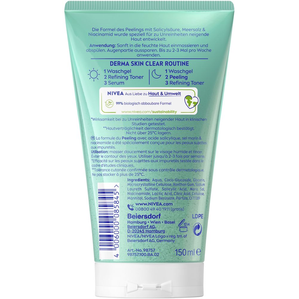 Rückseite der NIVEA DERMA SKIN CLEAR Peeling Tube mit Anwendungshinweisen und Inhaltsstoffen. 150ml.