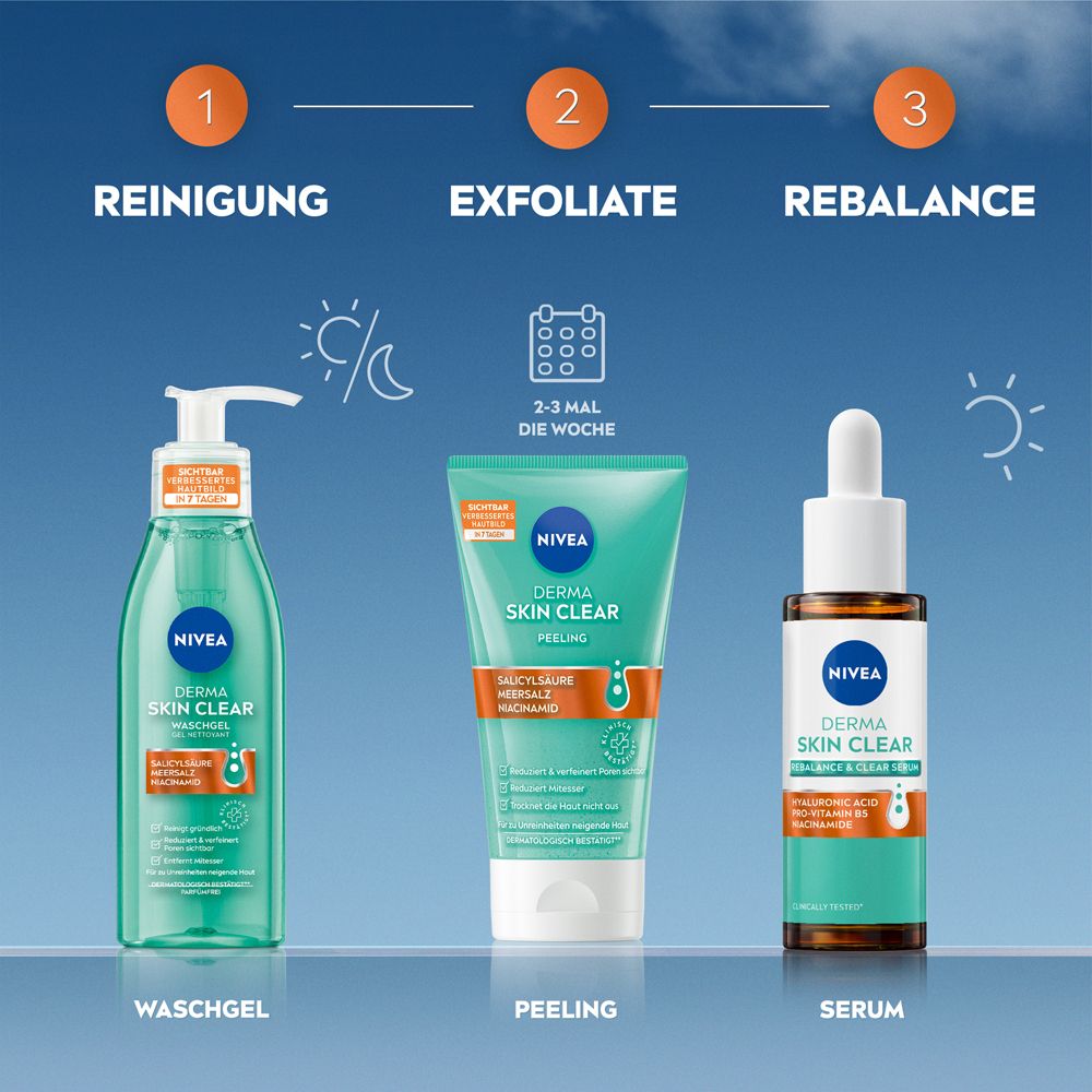 NIVEA DERMA SKIN CLEAR Routine: Waschgel, Peeling und Serum. Schritt 1, 2, 3.