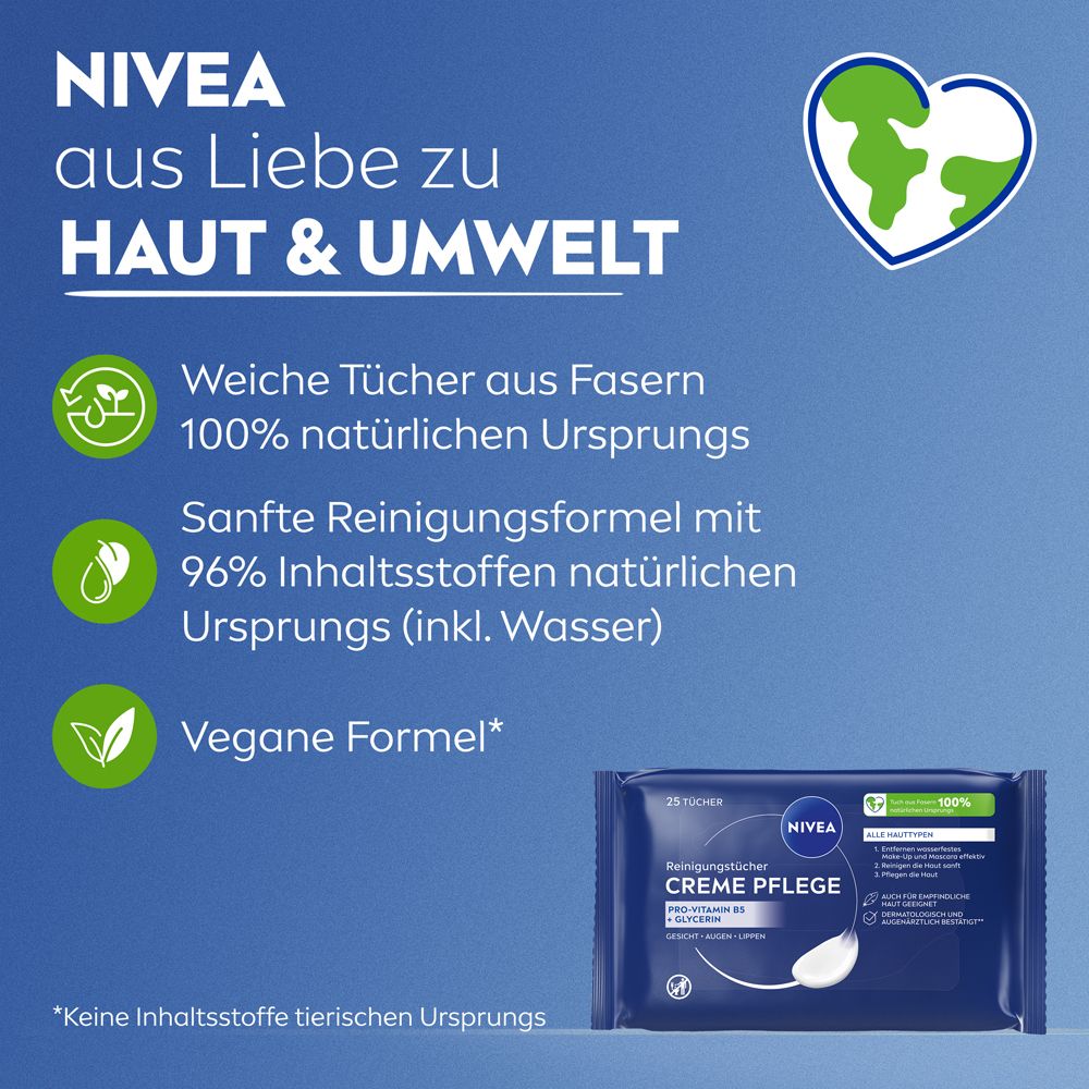 Text: NIVEA aus Liebe zu Haut & Umwelt. Weiche Tücher, vegane Formel. Abgebildet: Reinigungstücher.