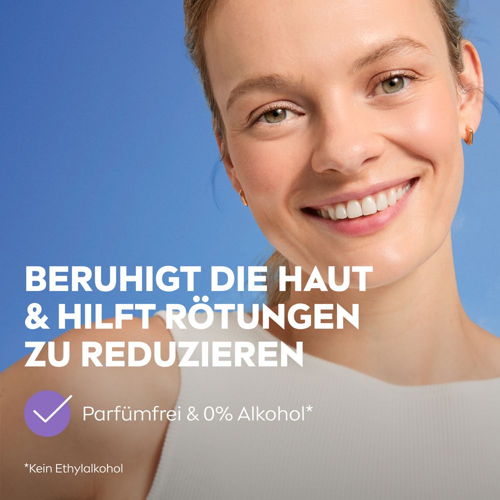 Frau mit Haut. Text: Beruhigt die Haut & hilft Rötungen zu reduzieren. Parfumfrei & 0% Alkohol. Kein Ethylalkohol.