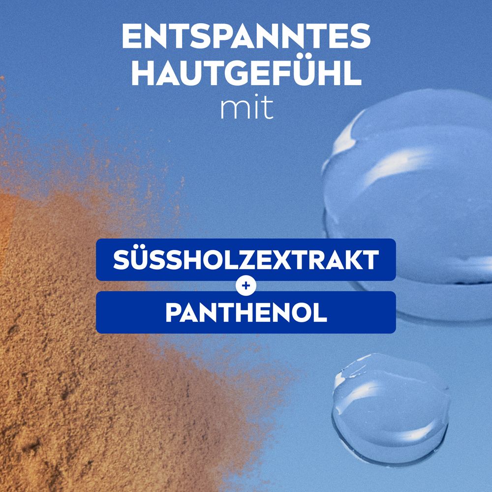 Text: Entspanntes Hautgefühl mit Süßholzextrakt + Panthenol. Brauner und blauer Hintergrund.