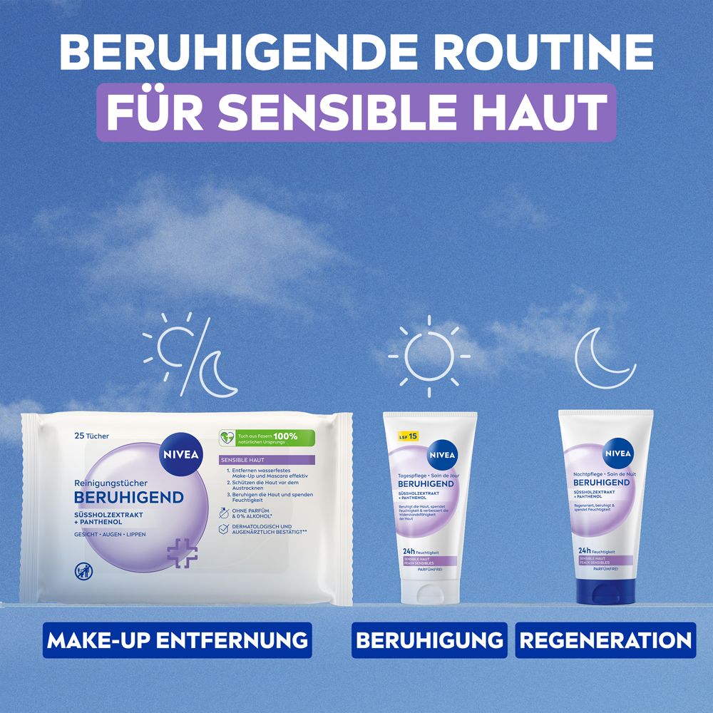 Produktabbildung: NIVEA Reinigungstücher, Gesichtscreme. Text: Beruhigende Routine für sensible Haut. Make-up Entfernung.