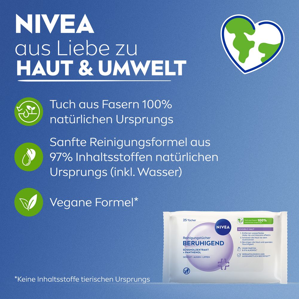 Text: NIVEA aus Liebe zu Haut & Umwelt. Tuch aus Fasern 100% natürlichen Ursprungs. Vegane Formel.