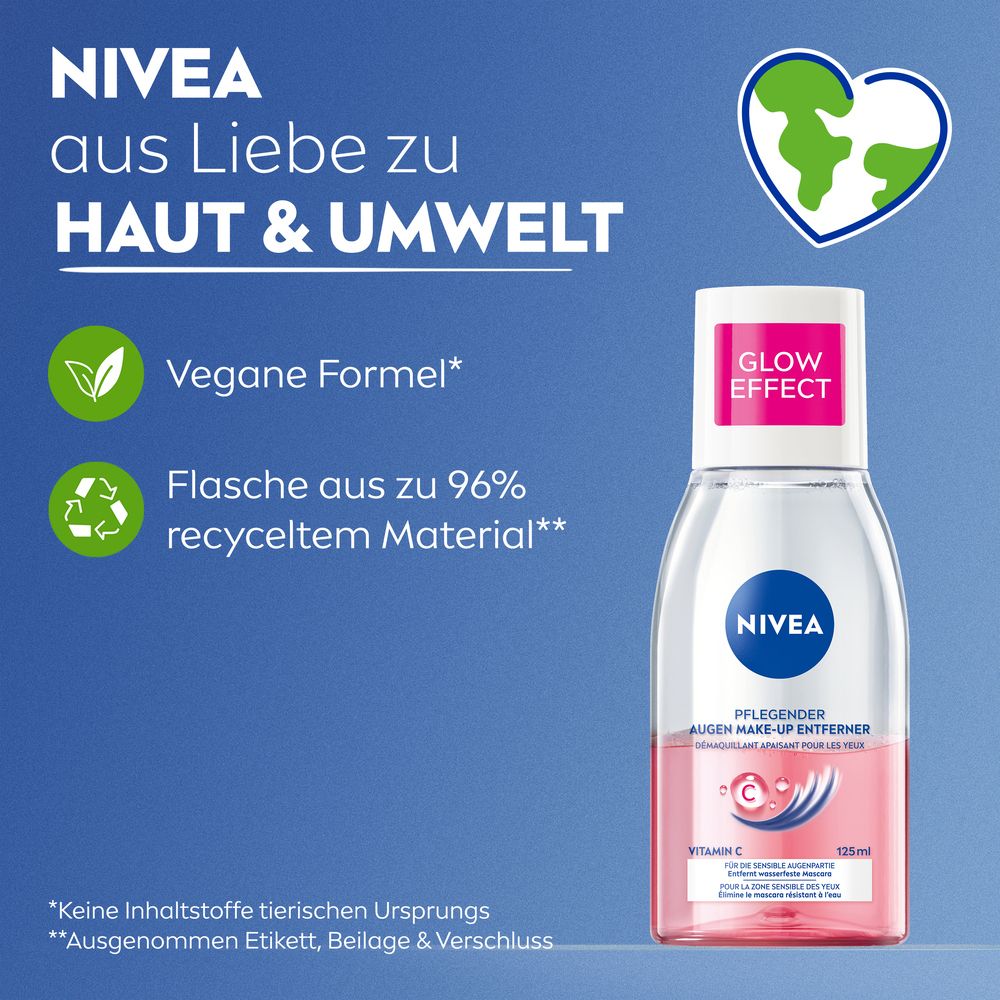 NIVEA Augen Make-up Entferner. Vegane Formel. Flasche aus recyceltem Material.