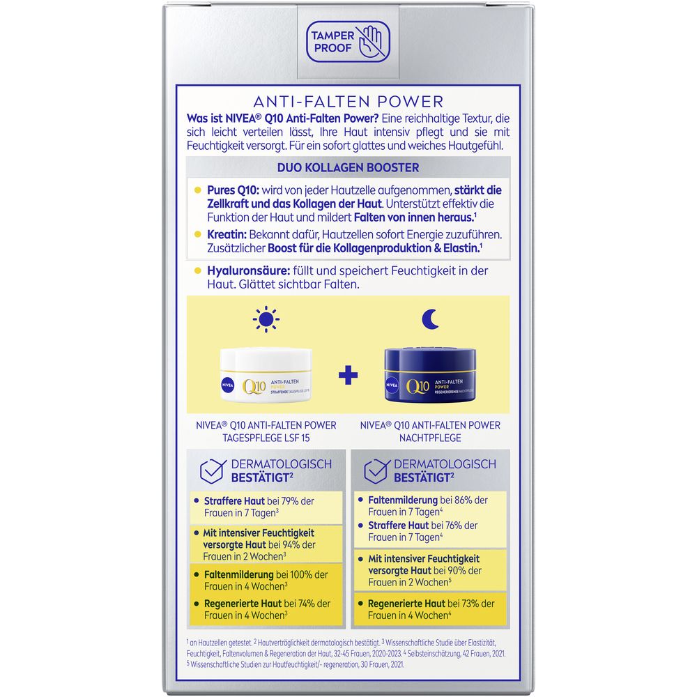 Rückseite der Verpackung. Text: Anti-Falten Power. Duo Collagen Booster. Dermatologisch bestätigt. Informationen zu Inhaltsstoffen.