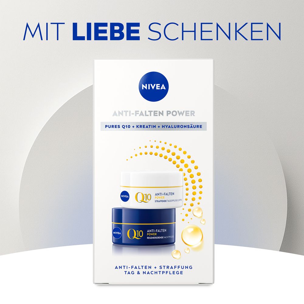 Verpackung NIVEA Anti-Falten Power. Zwei Tiegel. Text: Anti-Falten Power, Pures Q10 + Kreatin + Hyaluronsäure, Tag & Nachtpflege.