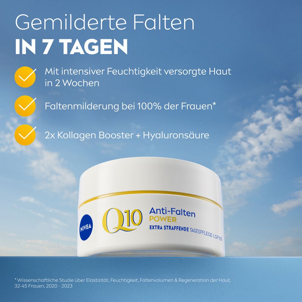Weißer Tiegel NIVEA Q10 Anti-Falten Power. Text: Anti-Falten Power, Extra straffende Tagespflege LSF 15. Hintergrund: Himmel.