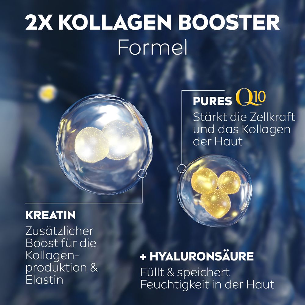Grafik: Q10, Kreatin, Hyaluronsäure. Text: Stärkt die Zellkraft, Kollagenproduktion, Elastin, füllt & speichert Feuchtigkeit.