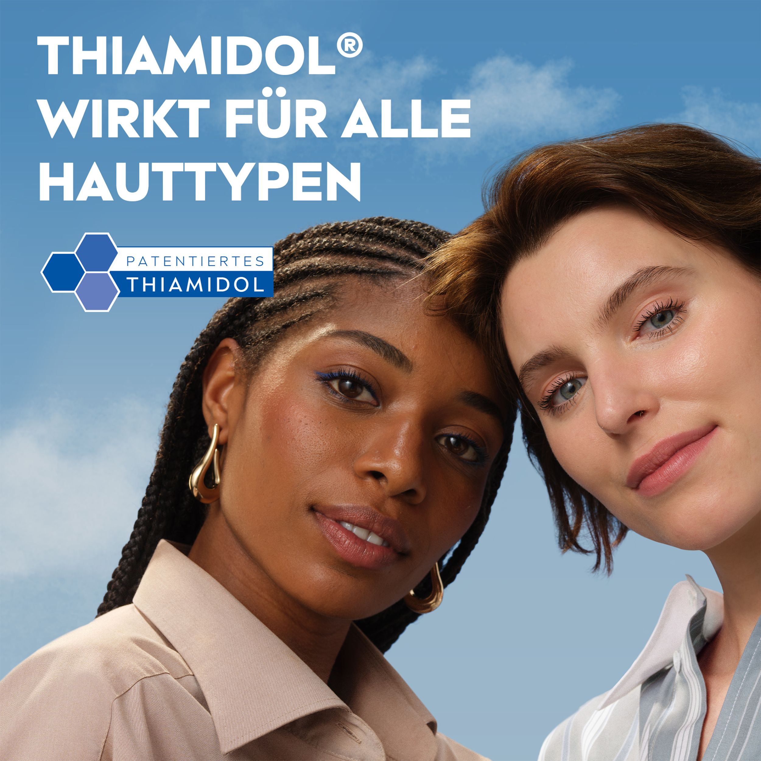 Zwei Frauen mit unterschiedlichen Hauttypen. Text: Thiamidol® wirkt für alle Hauttypen.