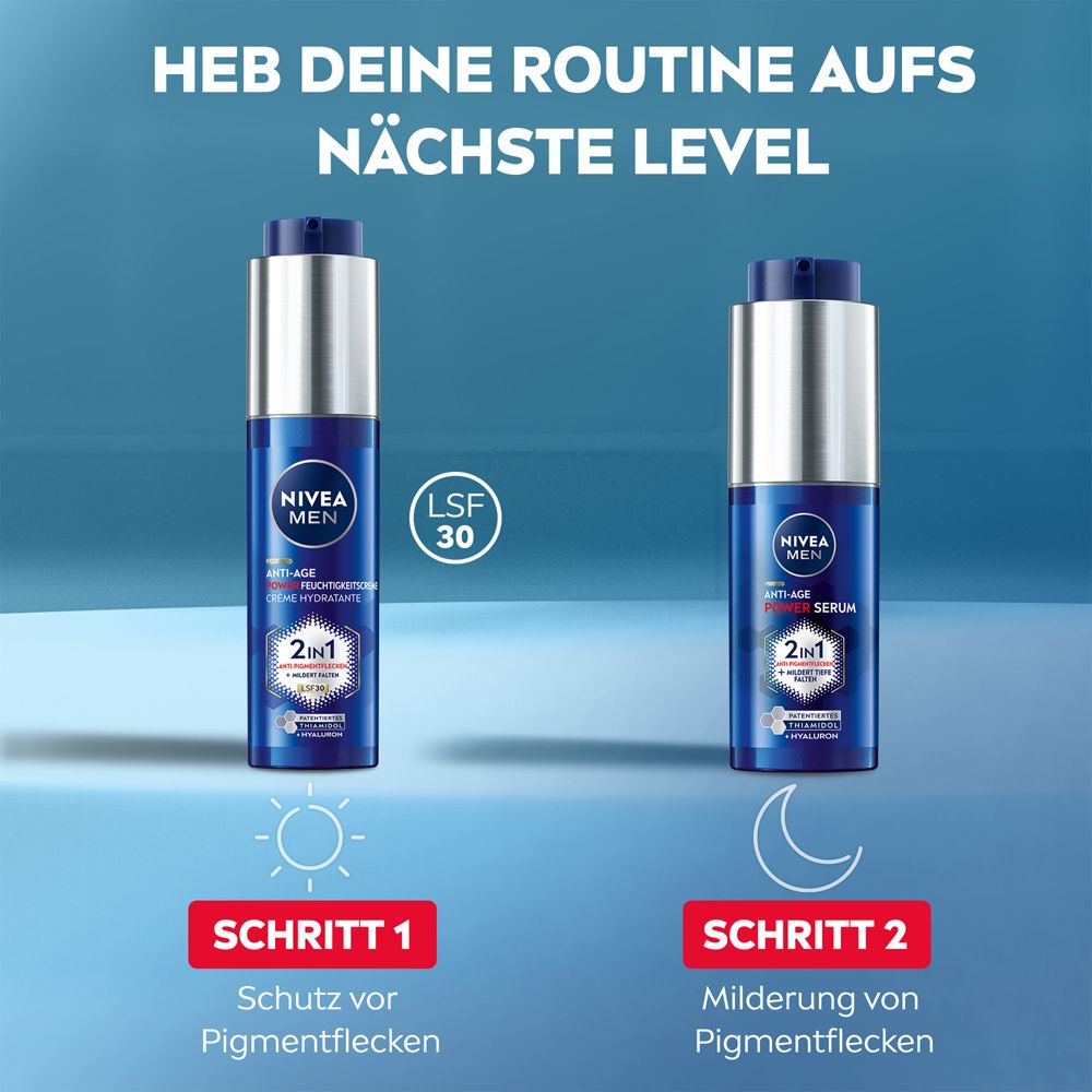Zwei blaue Flaschen NIVEA MEN Anti-Age. Serum und Feuchtigkeitspflege. Schritt 1: Schutz vor Pigmentflecken. Schritt 2.