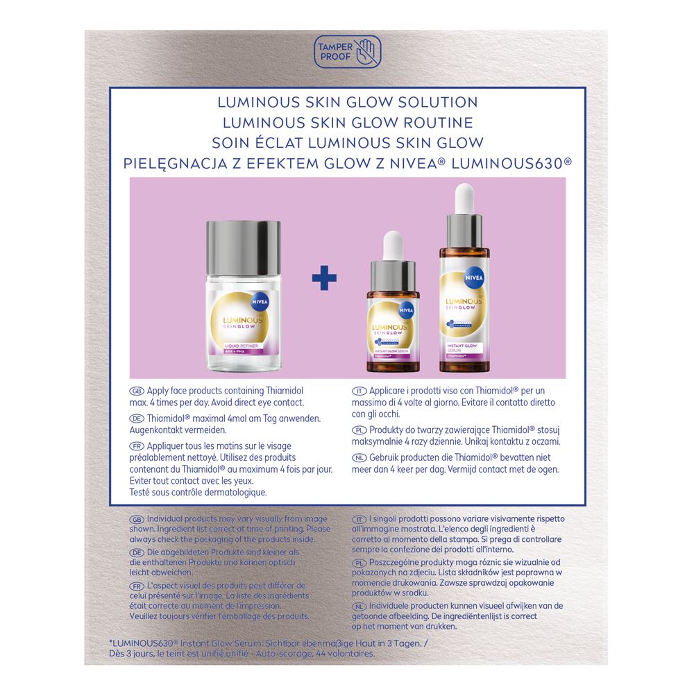 Rückseite der Produktverpackung. Enthält Informationen zu Inhaltsstoffen und Anwendung. Mit NIVEA Luminous630®.