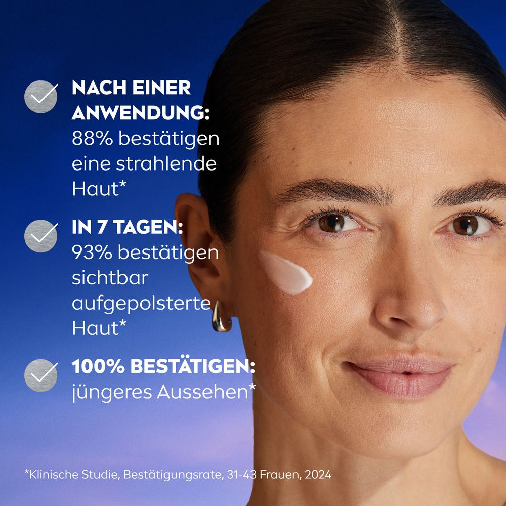Frau mit Gesicht. Text: 88% bestätigen strahlende Haut nach Anwendung. 93% bestätigen aufgepolsterte Haut in 7 Tagen.