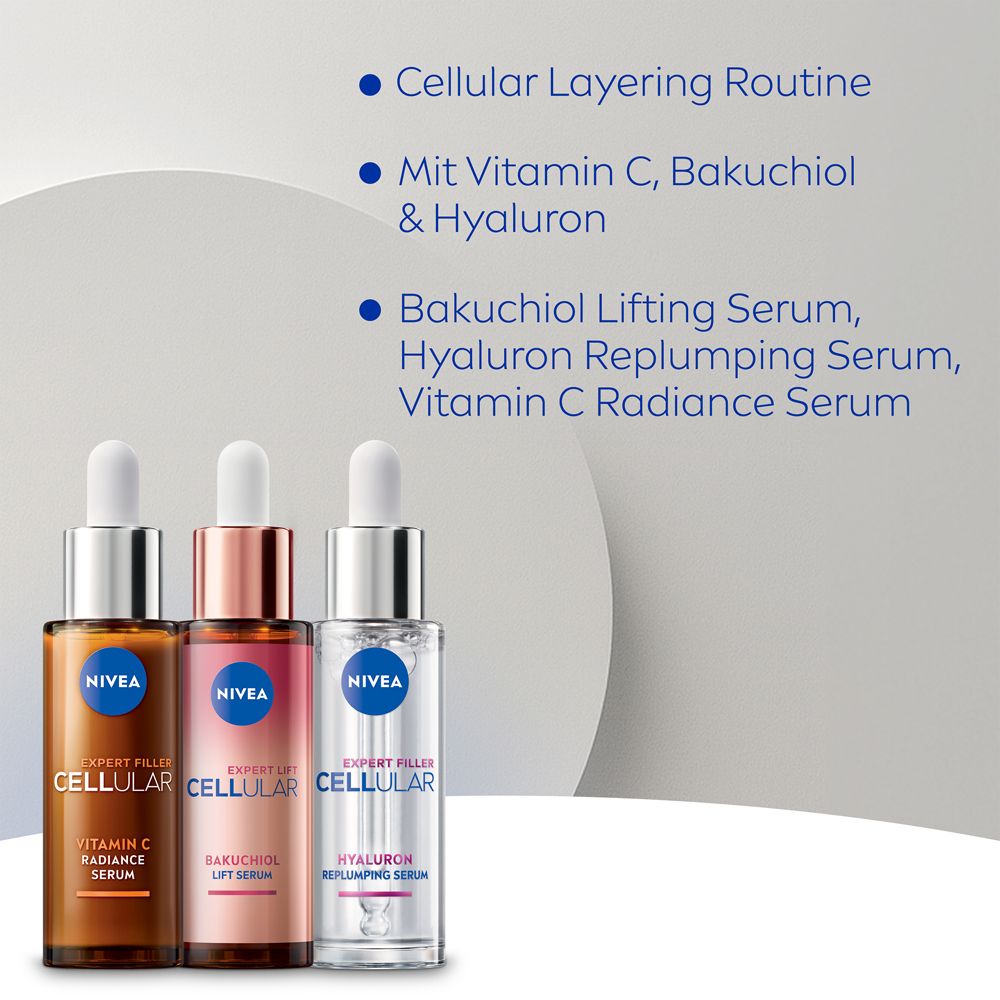 Drei Serumflaschen mit Pipetten. Text: CELLULAR Layering Routine, Vitamin C, Bakuchiol & Hyaluron.