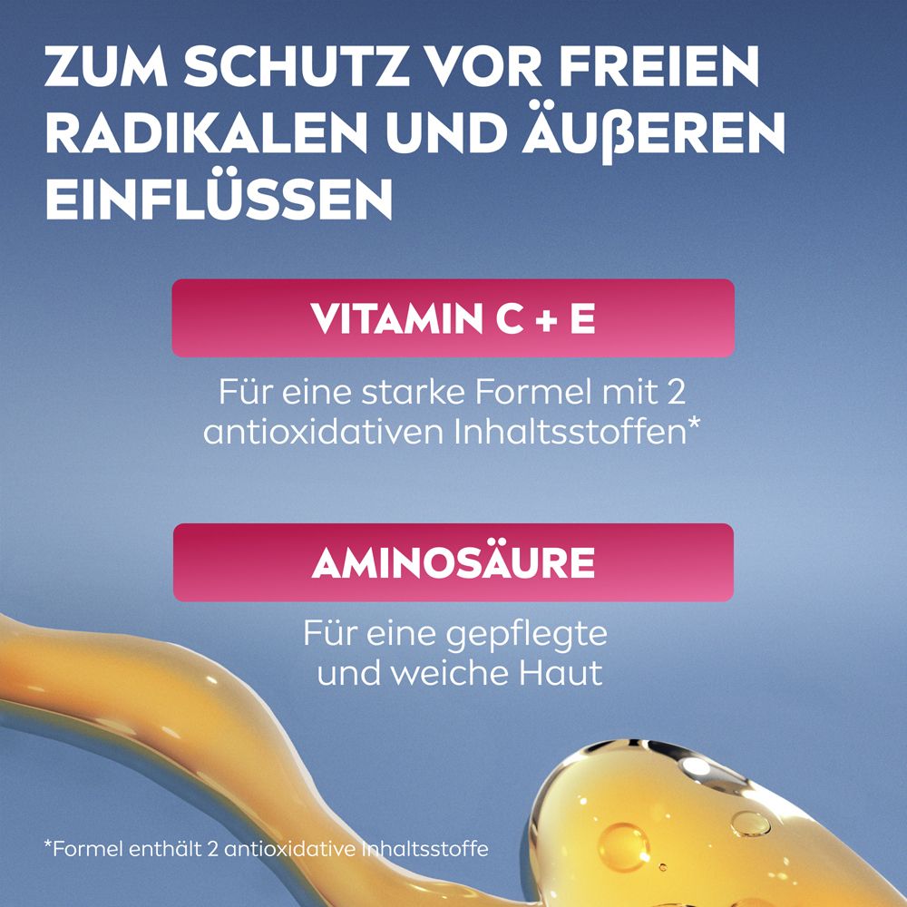 Zwei Textblöcke. Text: Vitamin C + E, Aminosäure. Für eine starke Formel mit 2 antioxidativen Inhaltsstoffen.