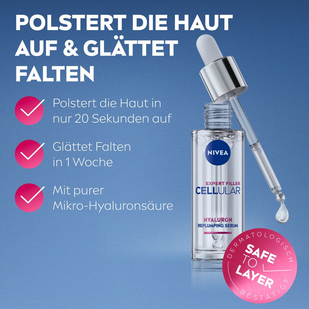 Transparente Serumflasche mit Pipette. Text: EXPERT FILLER CELLULAR, Hyaluron Replumping Serum, Dermatologisch bestätigt.