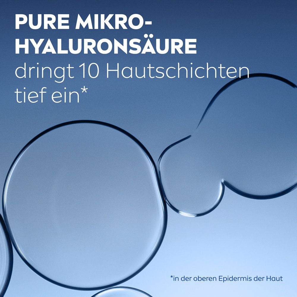 Blaue Flüssigkeitstropfen. Text: Pure Mikro-Hyaluronsäure dringt 10 Hautschichten tief ein.