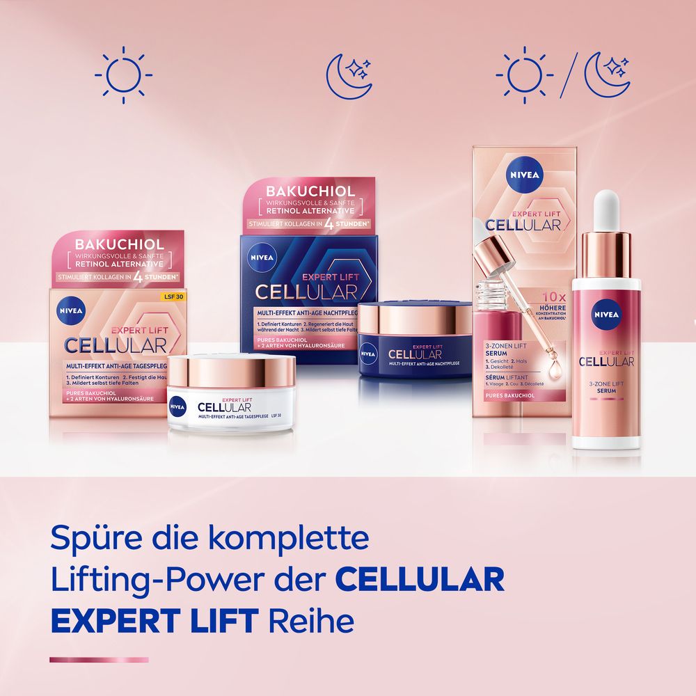 Produktreihe NIVEA CELLULAR Expert Lift. Produkte in rosa und weißen Verpackungen. Text: Lifting-Power der CELLULAR Expert Lift Reihe.