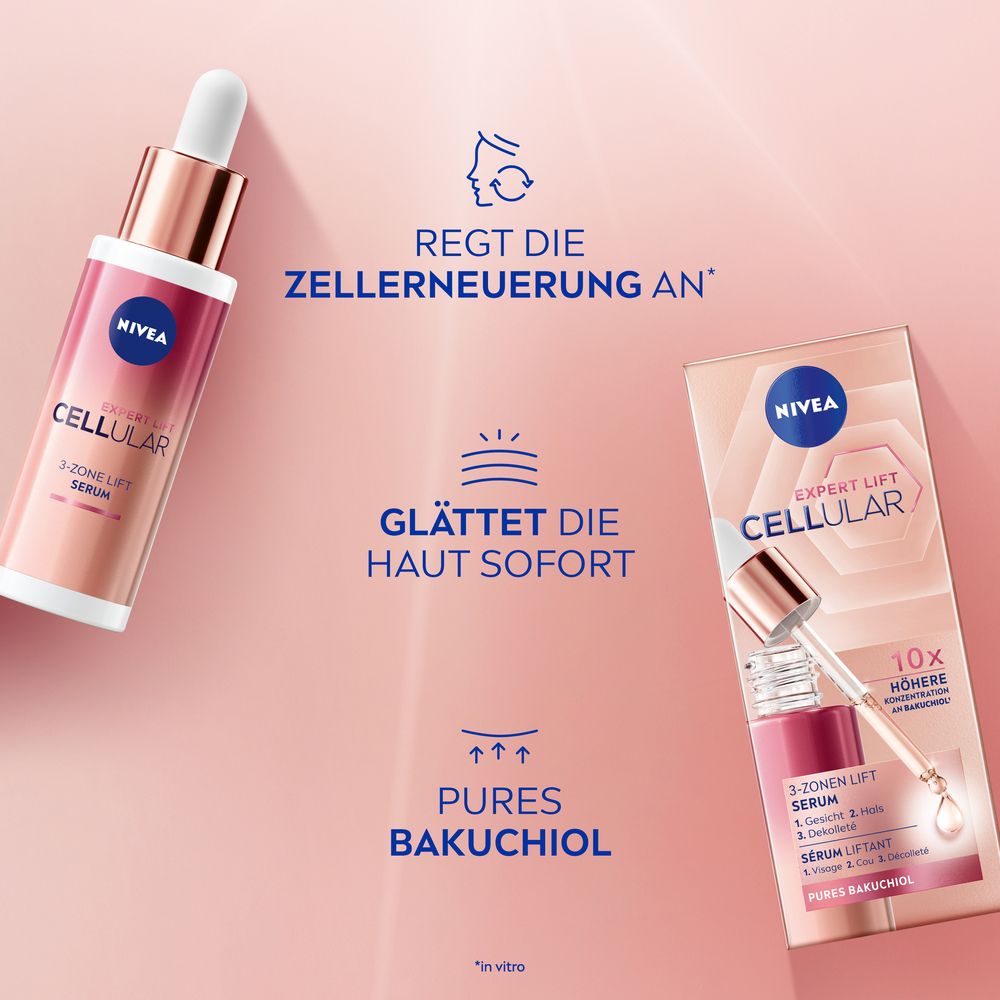 Serum und Verpackung. Text: Regt die Zellerneuerung an, glättet die Haut sofort. Rosa und weiße Verpackung.