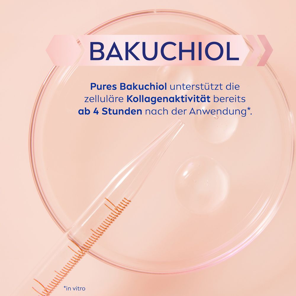 Petrischale mit Flüssigkeit. Text: Pures Bakuchiol unterstützt die zelluläre Kollagenaktivität bereits ab 4 Stunden.