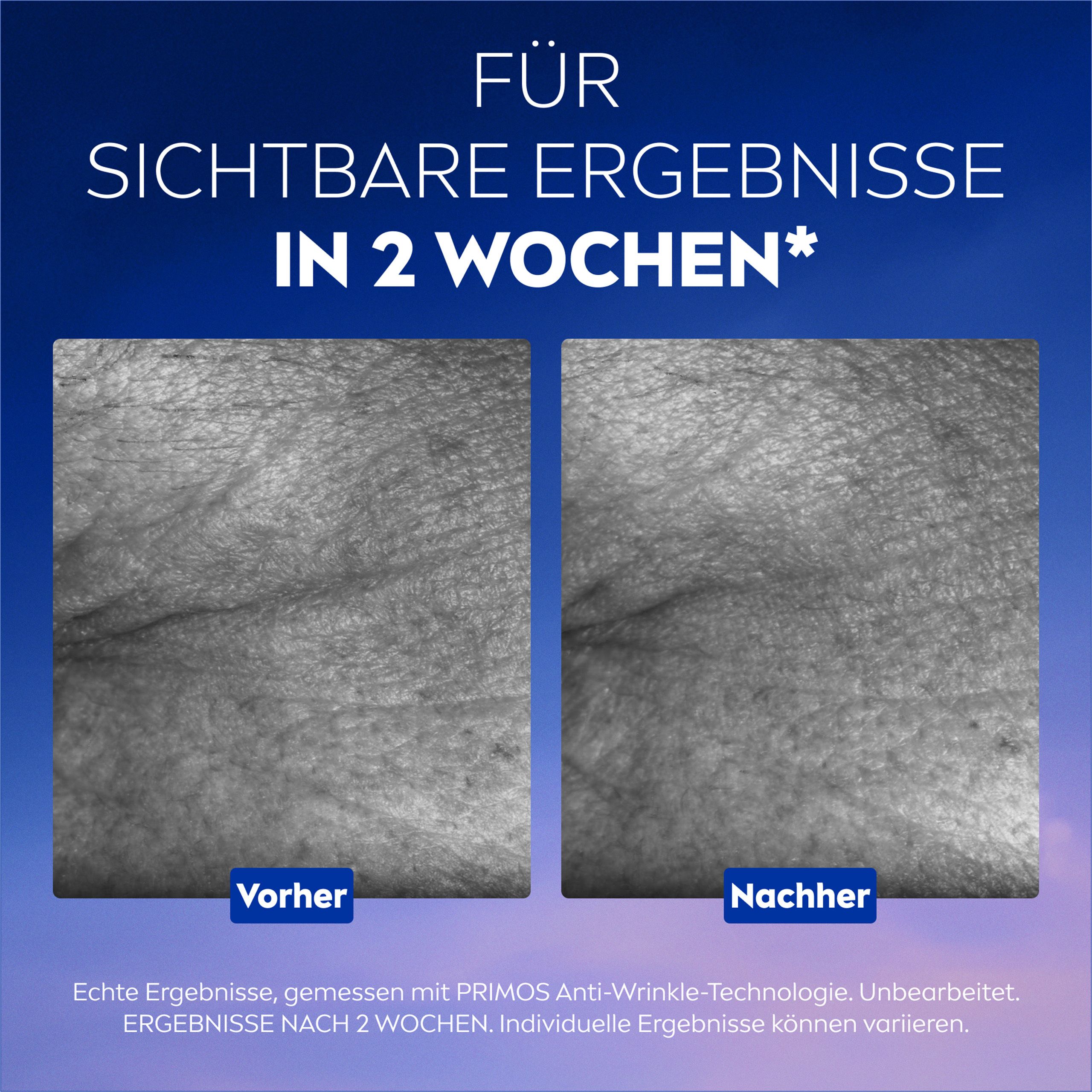 Vorher-Nachher-Vergleich. Text: Für sichtbare Ergebnisse in 2 Wochen. Vorher-Nachher-Bilder von Haut.