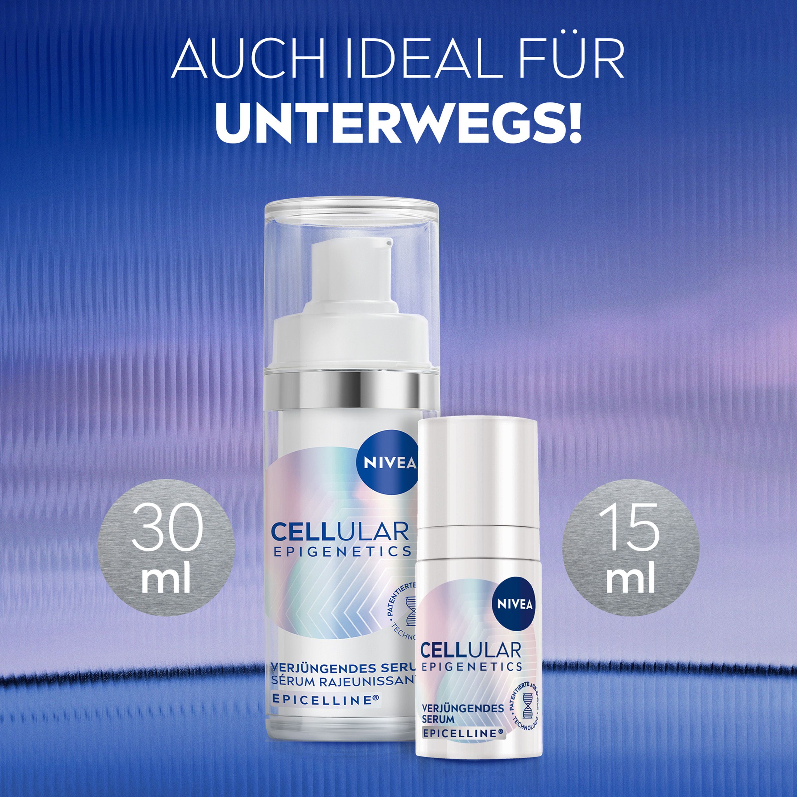 Zwei Seren, 30 ml und 15 ml. Text: Auch ideal für unterwegs! NIVEA CELLULAR Epigenetics Verjüngendes Serum.