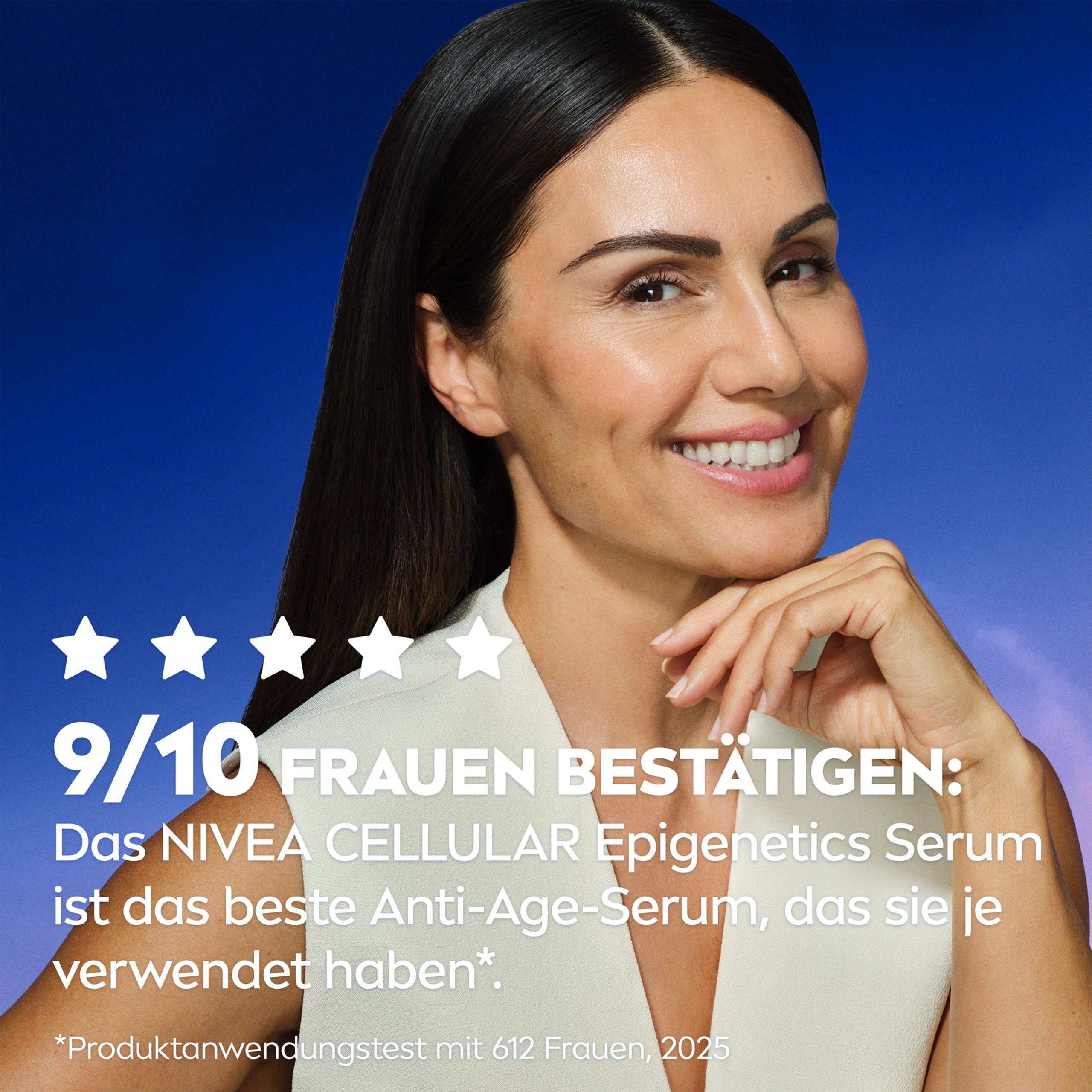 Frau mit Haut. Text: 9/10 Frauen bestätigen: NIVEA CELLULAR Epigenetics Serum ist das beste Anti-Age-Serum.
