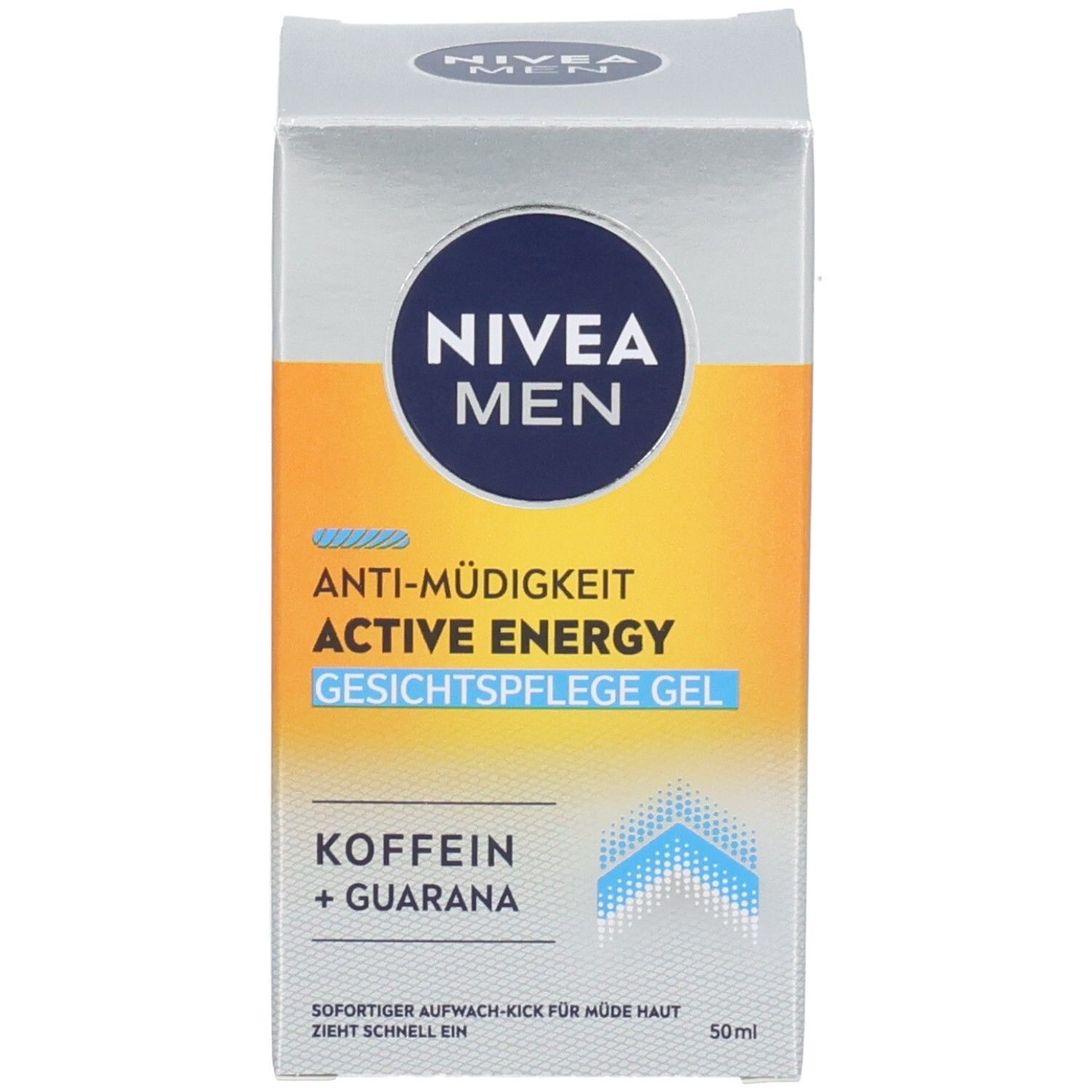 Produktverpackung. Aufschrift: NIVEA MEN, ACTIVE ENERGY Gesichtspflege Gel. Gelbe und silberne Elemente. 50ml.