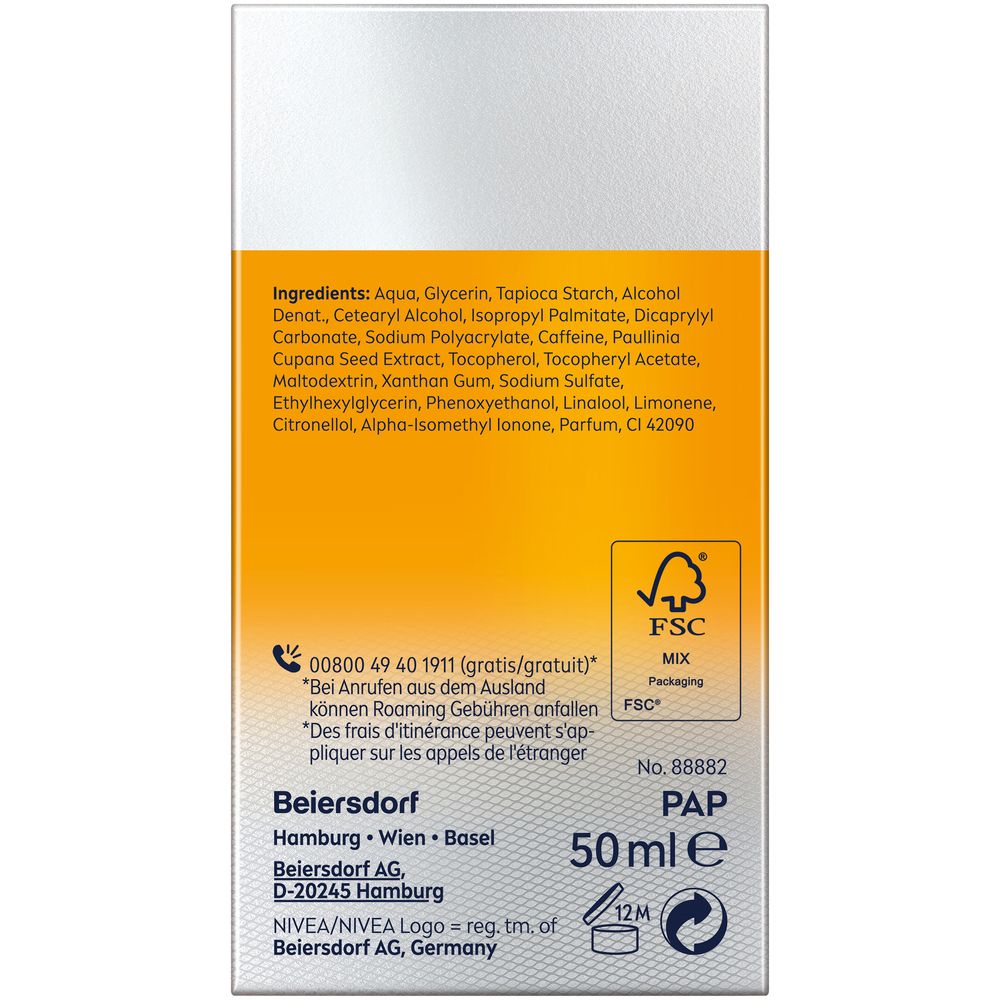 Rückseite der NIVEA MEN Active Energy Gesichtspflege Gel Verpackung mit Inhaltsstoffen und FSC-Logo.