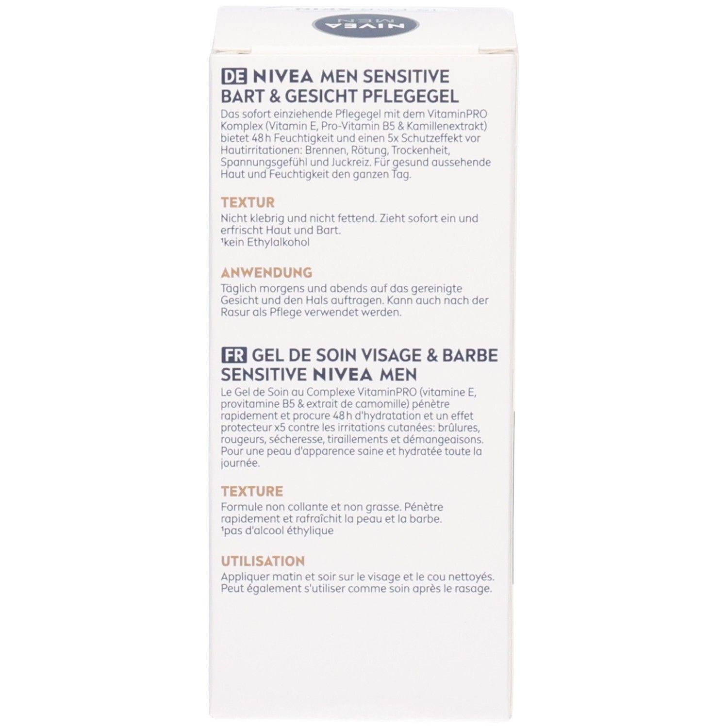 Seite der Kartonverpackung NIVEA MEN Sensitive Bart- & Gesicht Pflegegel. Text in Deutsch und Französisch. 50ml.