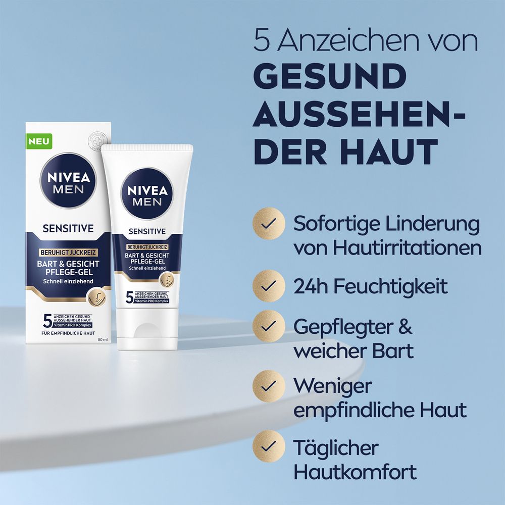 NIVEA MEN Sensitive Bart- und Gesicht Pflegegel Tube und Faltschachtel mit Vorteilen.