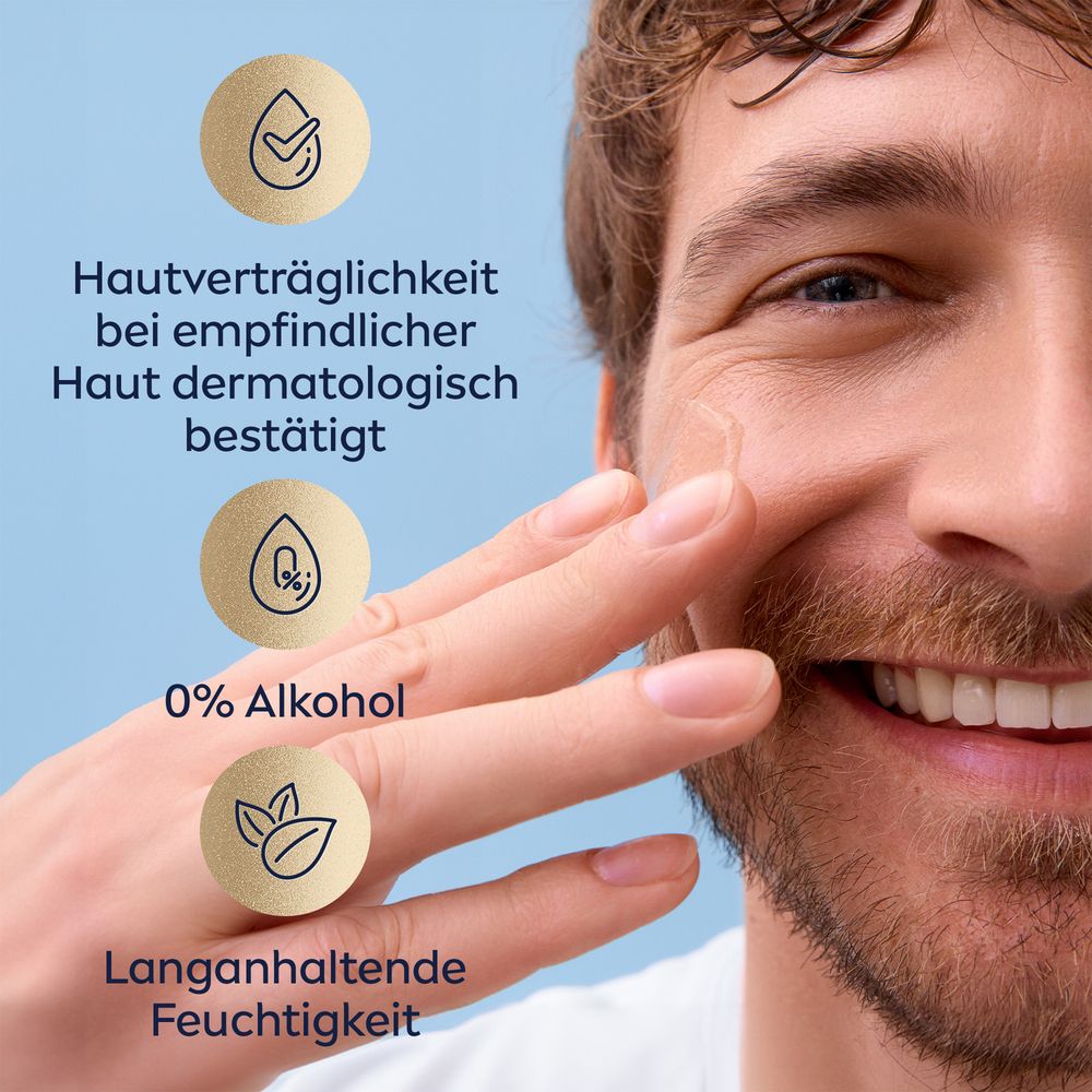Mann trägt NIVEA MEN Sensitive Bart- und Gesicht Pflegegel auf. Dermatologisch bestätigt.