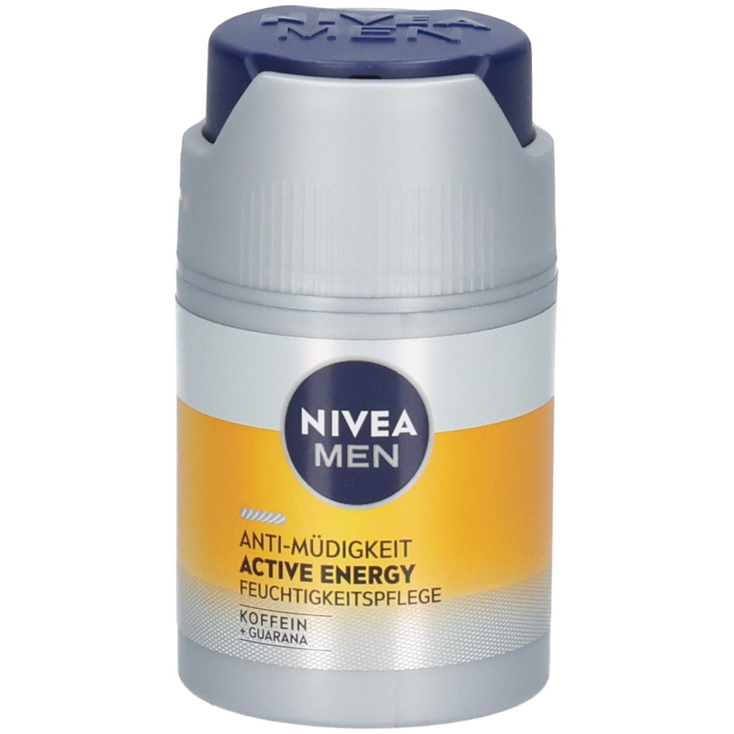 Grau-blaue Flasche mit NIVEA MEN-Logo und Produktbezeichnung. Gelber Streifen mit Text. Blauer Deckel.