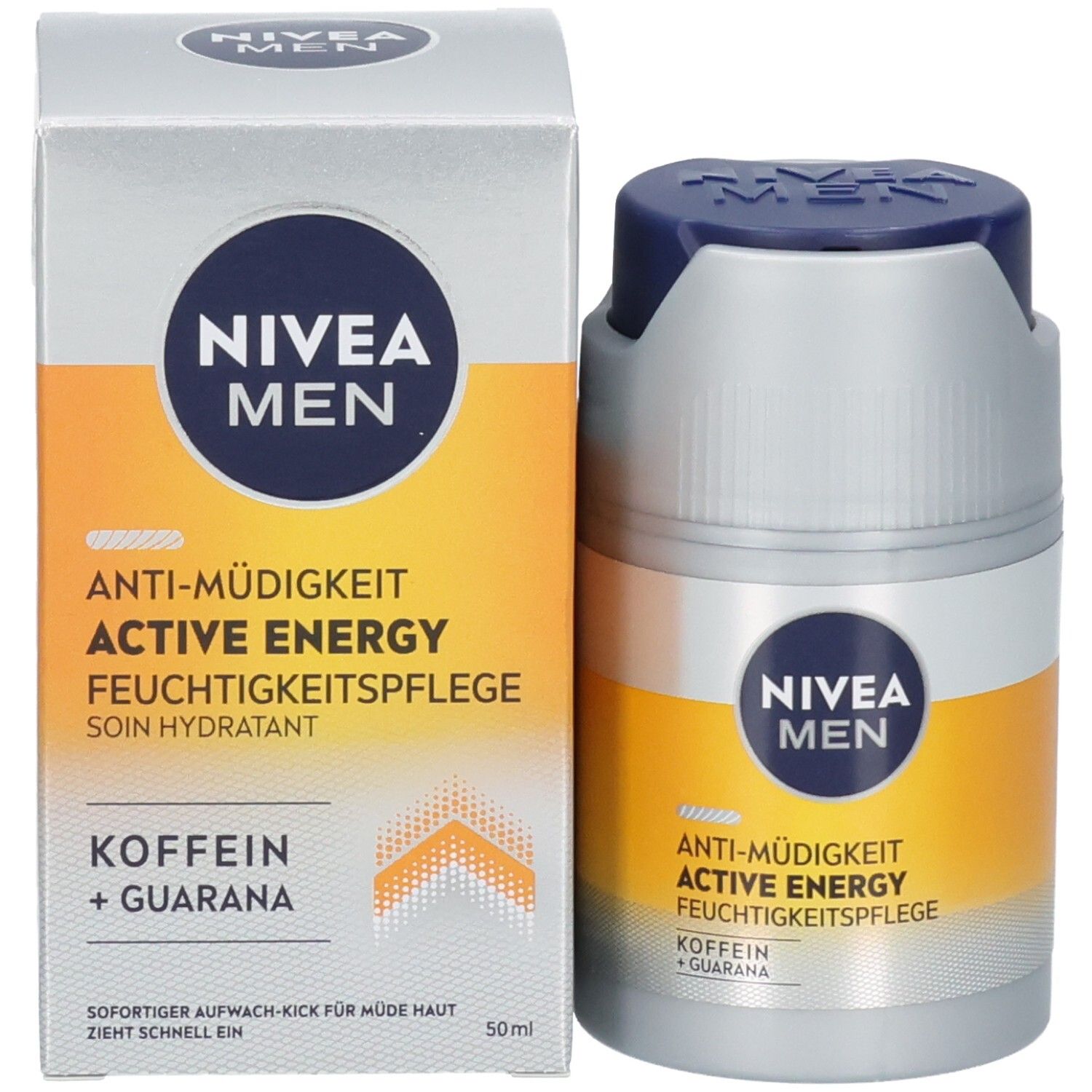 Produkt und Verpackung. NIVEA MEN-Logo und Produktbezeichnung. Gelber Streifen. Blauer Deckel.