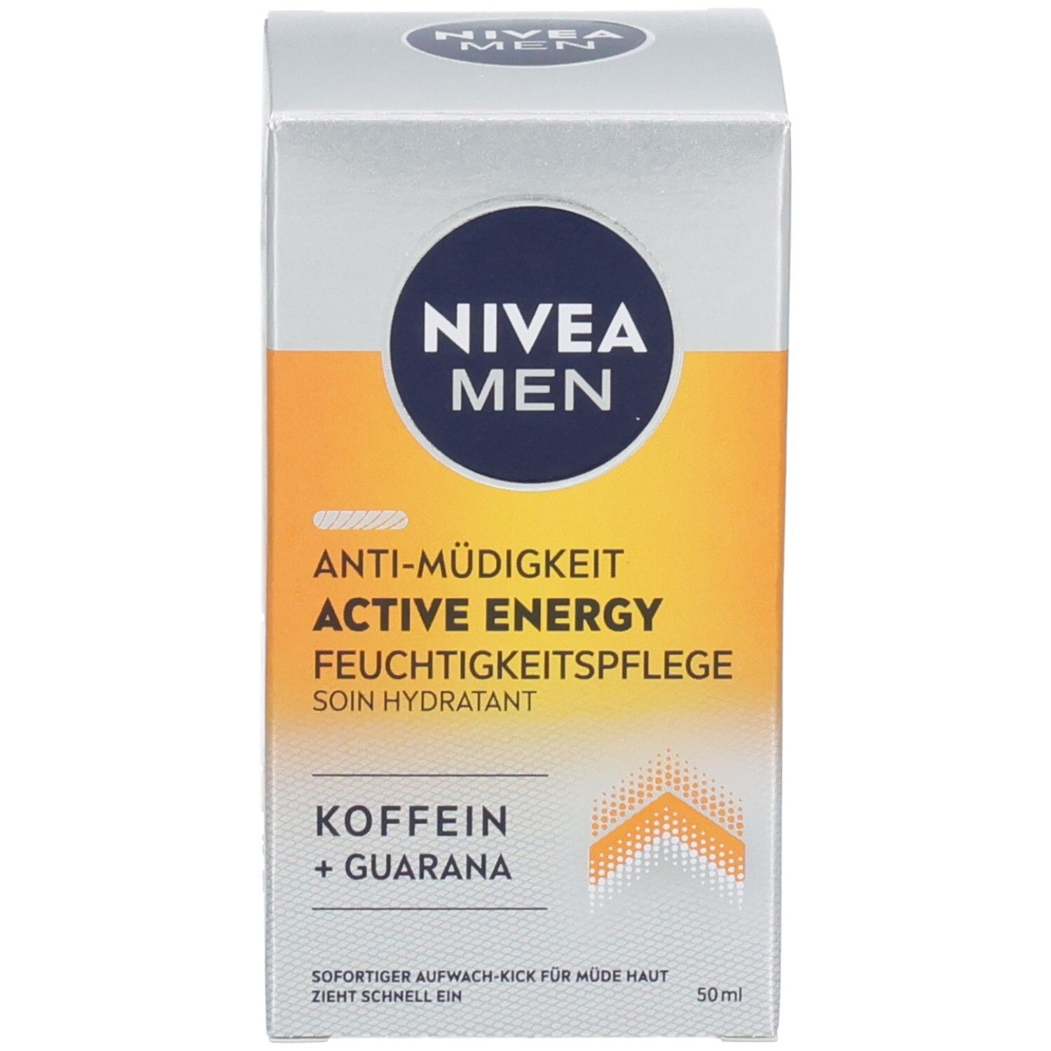 Verpackung. NIVEA MEN-Logo und Produktbezeichnung. Gelber Streifen. Text und 50ml.