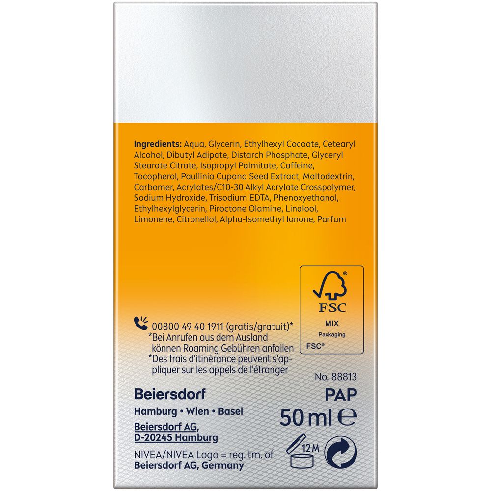 Rückseite der NIVEA MEN Active Energy Feuchtigkeitspflege Verpackung mit Inhaltsstoffen und FSC-Logo.