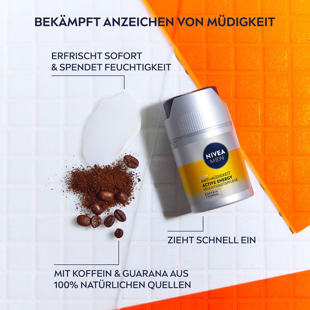 NIVEA MEN Active Energy Feuchtigkeitspflege neben Kaffeebohnen und einer Probe der Creme.
