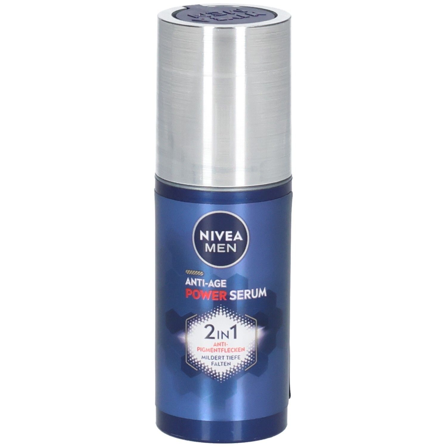 Blau-silberne Flasche mit NIVEA MEN Anti-Age Power Serum. 2in1-Formel, gegen Pigmentflecken und Falten. Silberner Deckel.