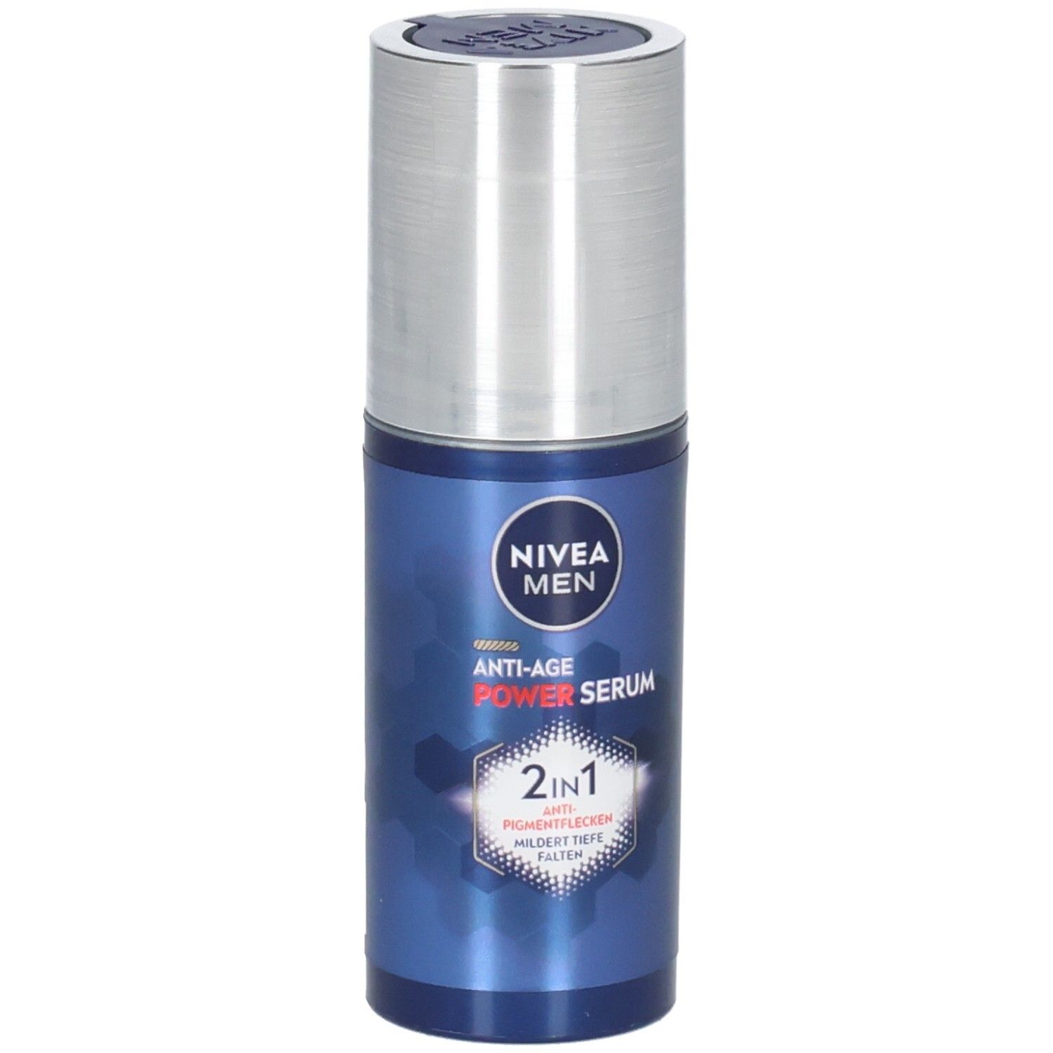 Blau-silberne Flasche NIVEA MEN Anti-Age Power Serum. 2in1-Formel, gegen Pigmentflecken und Falten. Silberner Deckel.