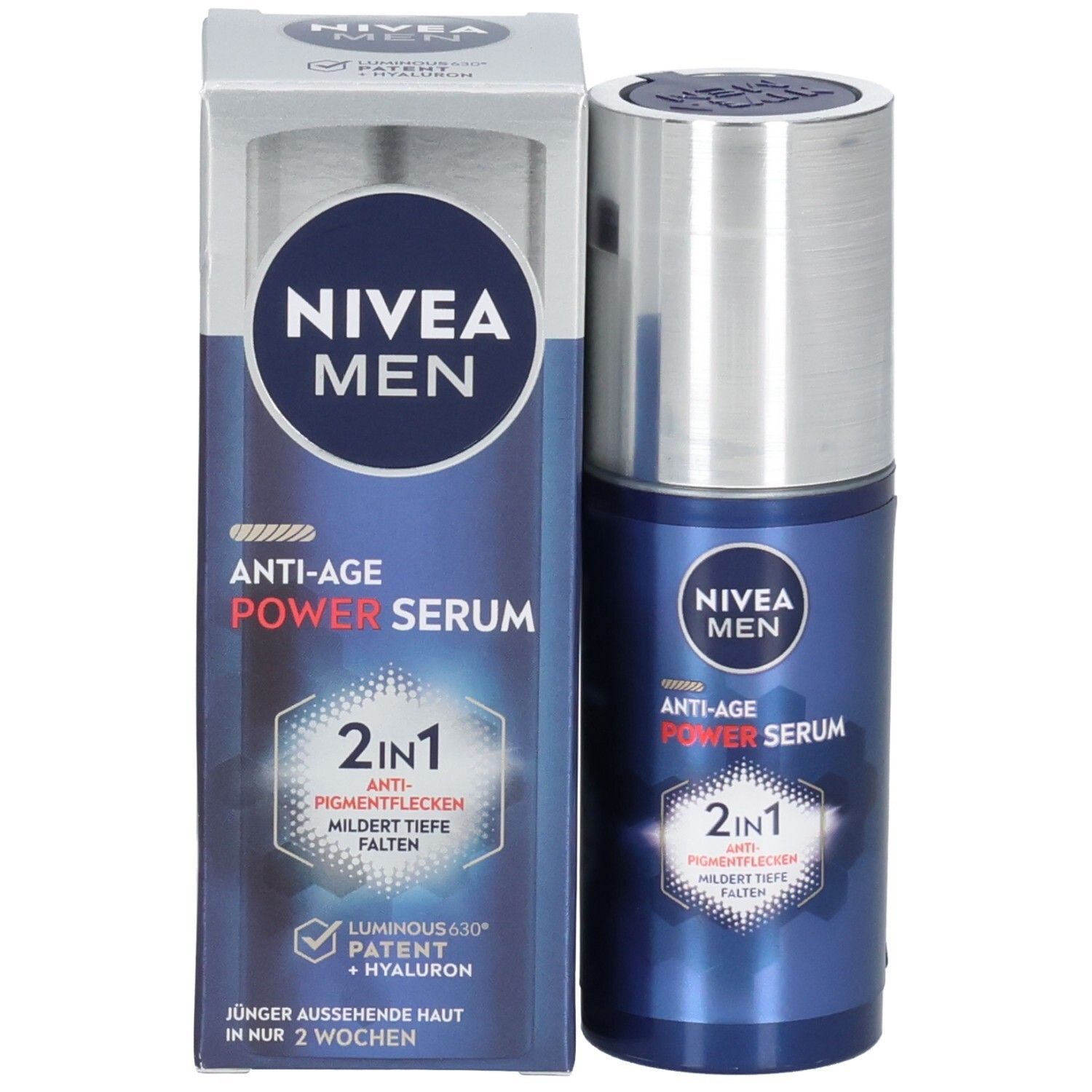 NIVEA MEN Anti-Age Power Serum mit Verpackung. 2in1-Formel, gegen Pigmentflecken und Falten. Transparente Verpackung.