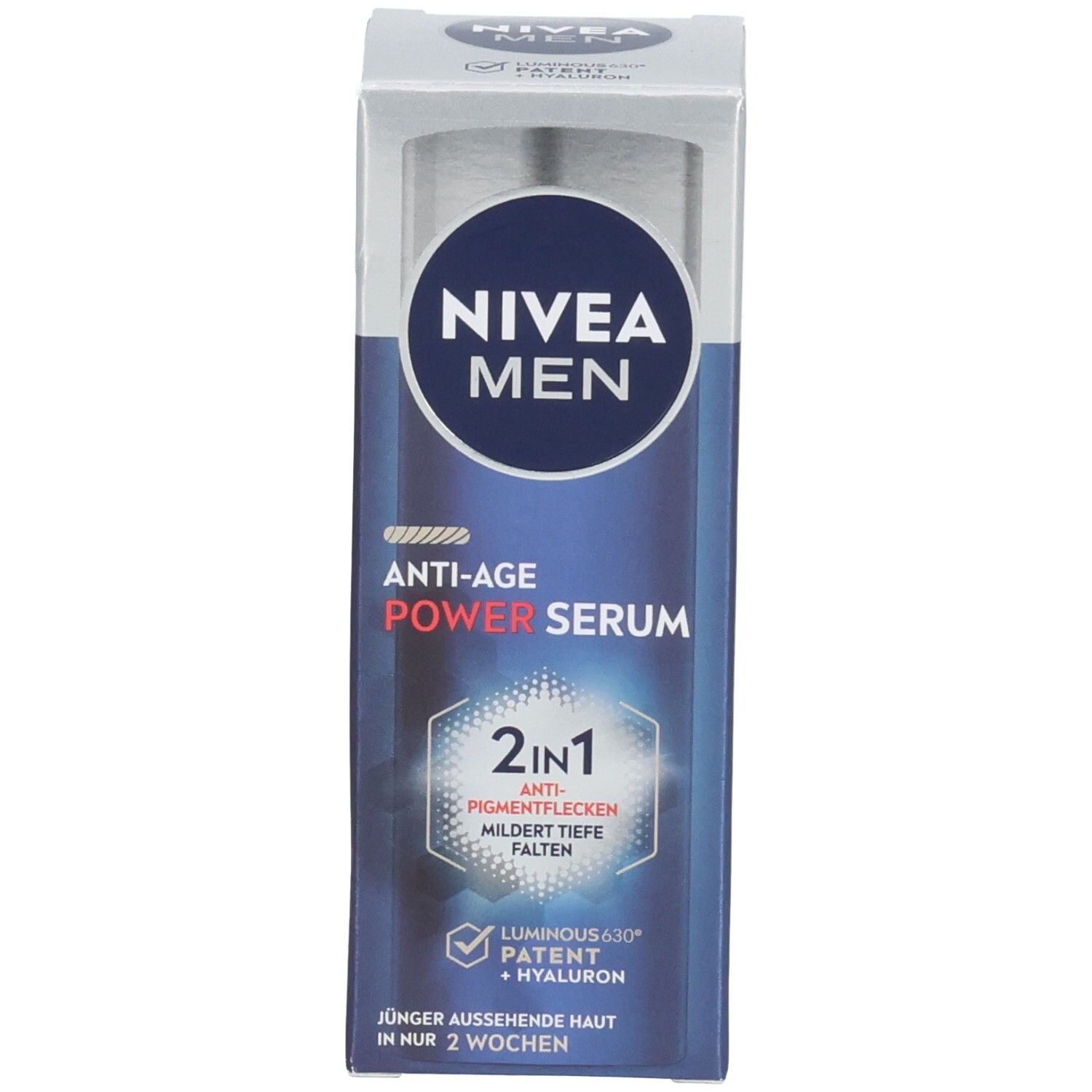NIVEA MEN Anti-Age Power Serum mit Verpackung. 2in1-Formel, gegen Pigmentflecken und Falten. Transparente Verpackung.