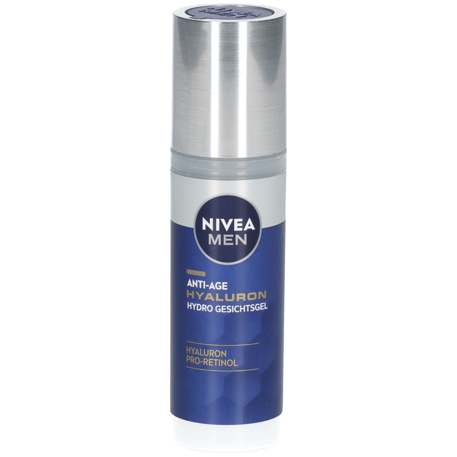 Blau-silberne Flasche NIVEA MEN Anti-Age Hyaluron Hydro Gesichtsgel. Mit silbernem Deckel und blauer Beschriftung.