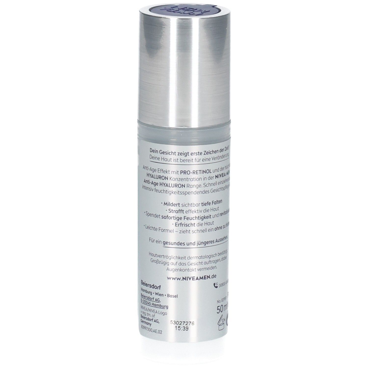 Rückseite der NIVEA MEN Anti-Age Hyaluron Hydro Gesichtsgel Flasche. Text in Deutsch, silberner Deckel.