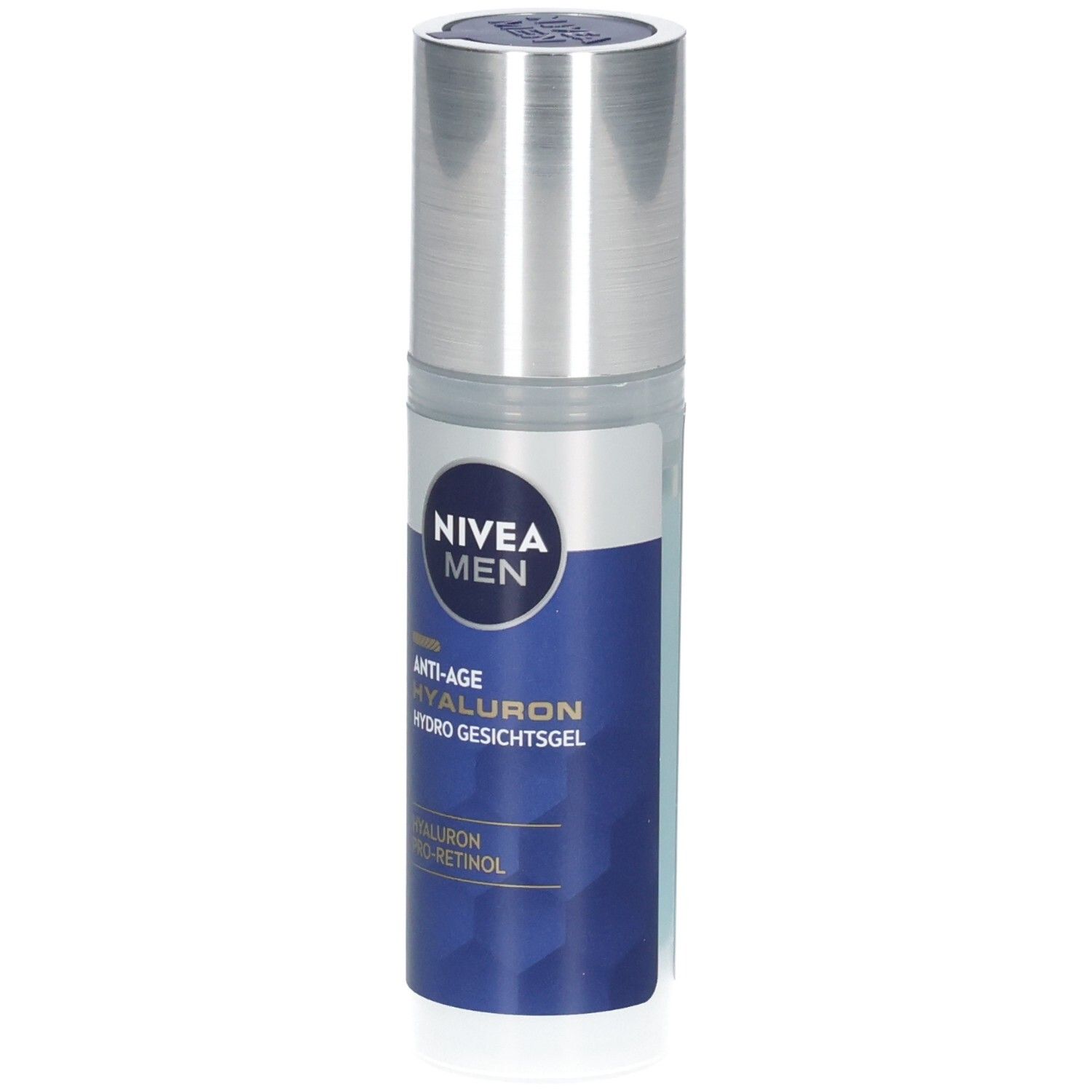 NIVEA MEN Anti-Age Hyaluron Hydro Gesichtsgel Flasche. Blaue und silberne Farbgebung, Text in Deutsch.