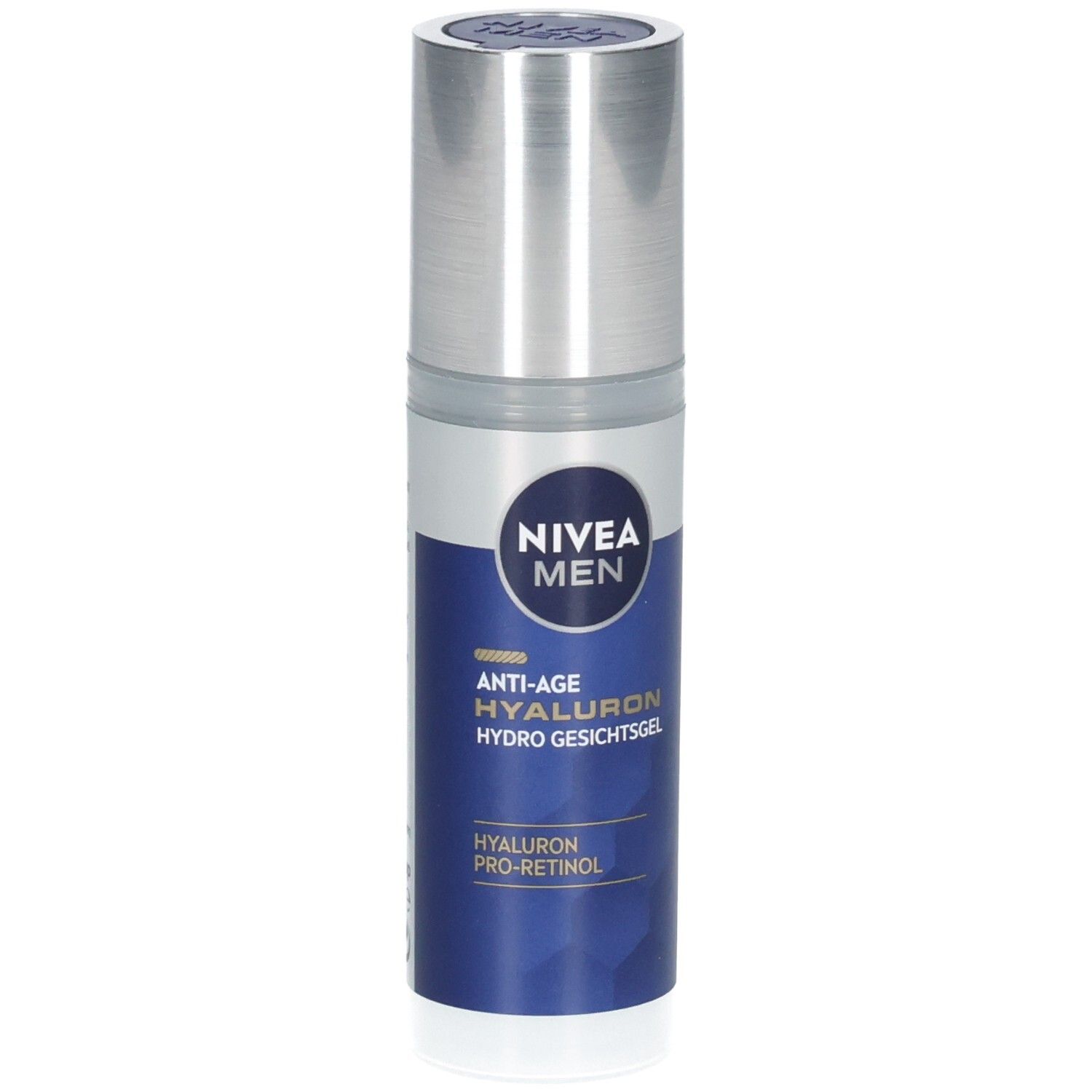 NIVEA MEN Anti-Age Hyaluron Hydro Gesichtsgel Flasche. Blaue und silberne Farbgebung, Text in Deutsch.