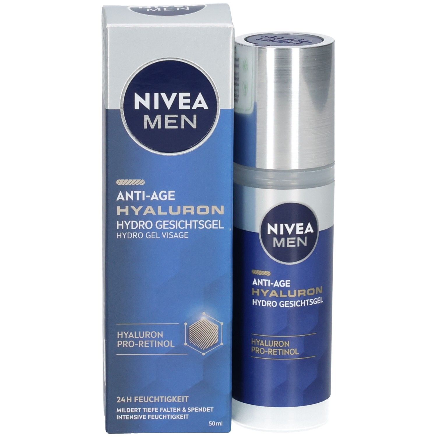 NIVEA MEN Anti-Age Hyaluron Hydro Gesichtsgel mit Verpackung. Blaue und silberne Farbgebung, Text in Deutsch.