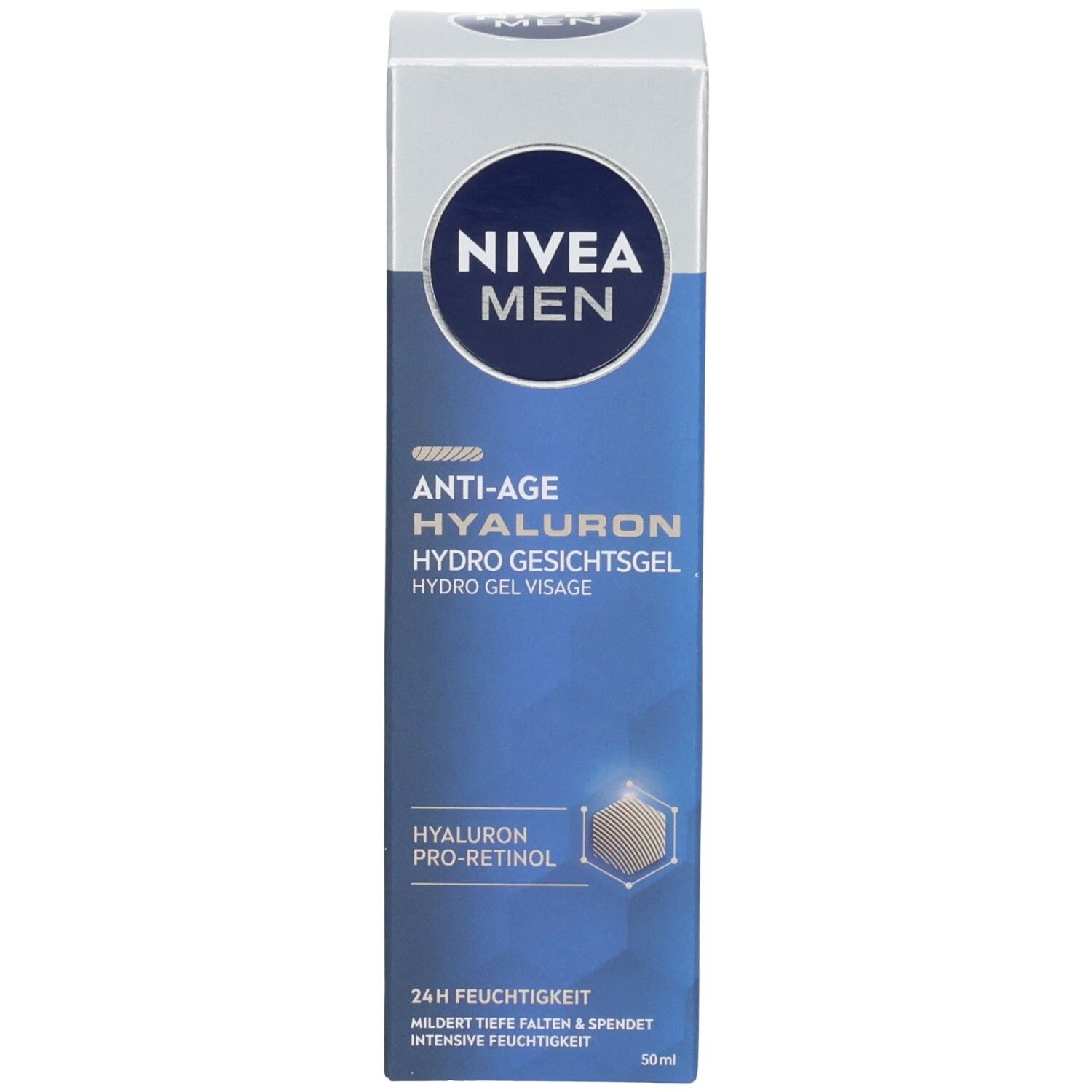 Verpackung von NIVEA MEN Anti-Age Hyaluron Hydro Gesichtsgel. Blaue und silberne Farbgebung, Text in Deutsch.